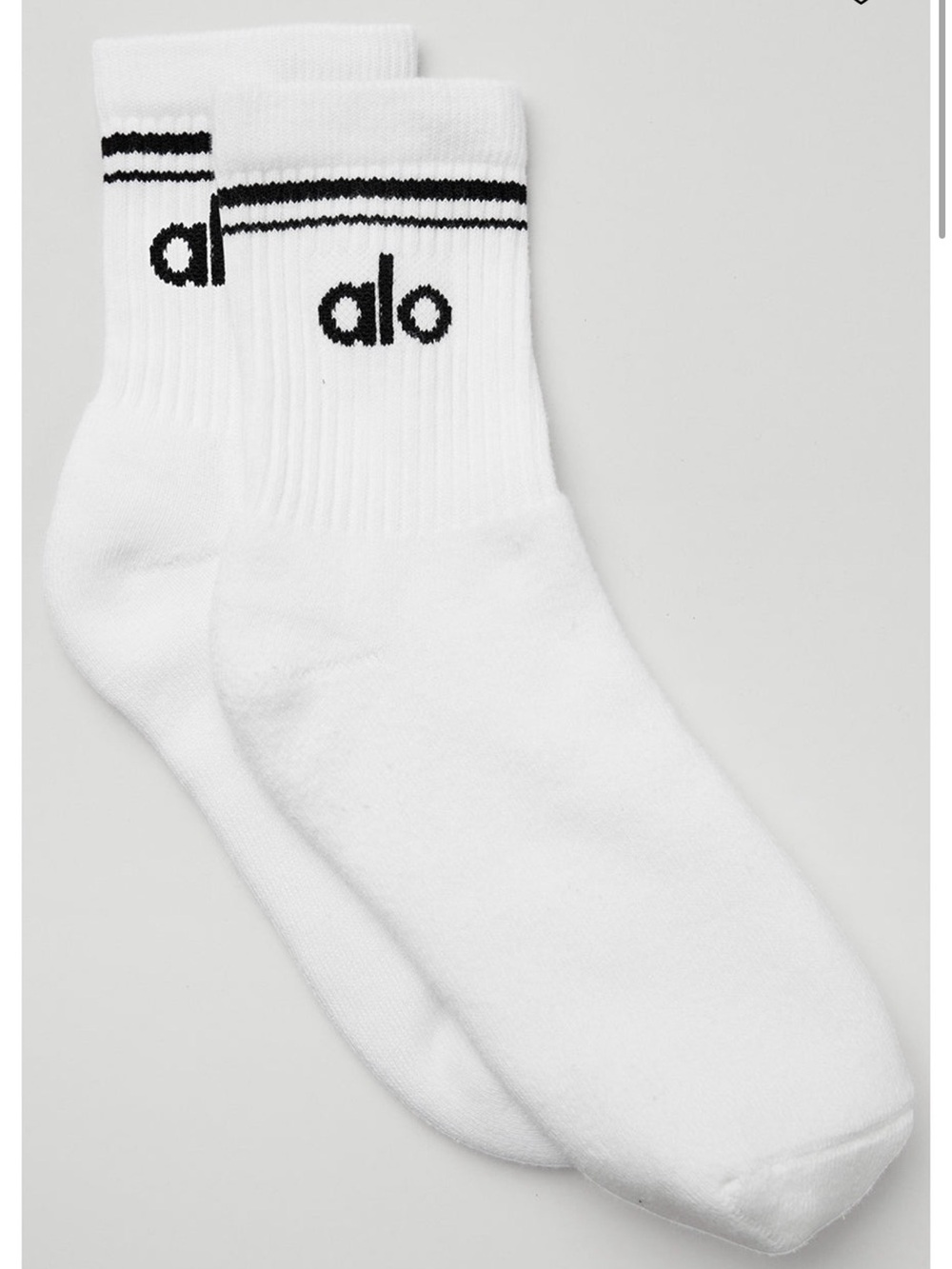 ALO Yoga White Crew Socks with Black Logo Stripes